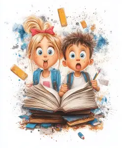 Surprised Children Reading Large Book Illustration