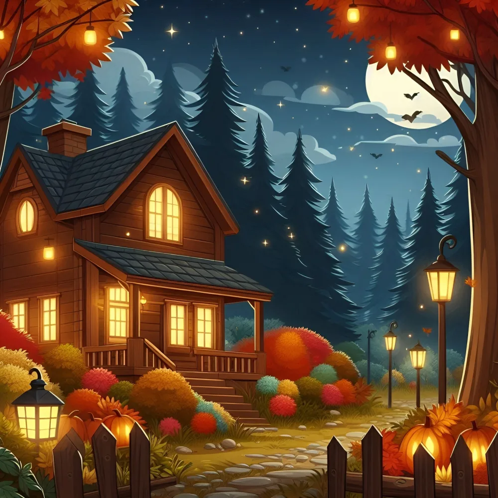 Cozy Autumn Night Cabin Surrounded by Colorful Foliage and Illuminated Lanterns