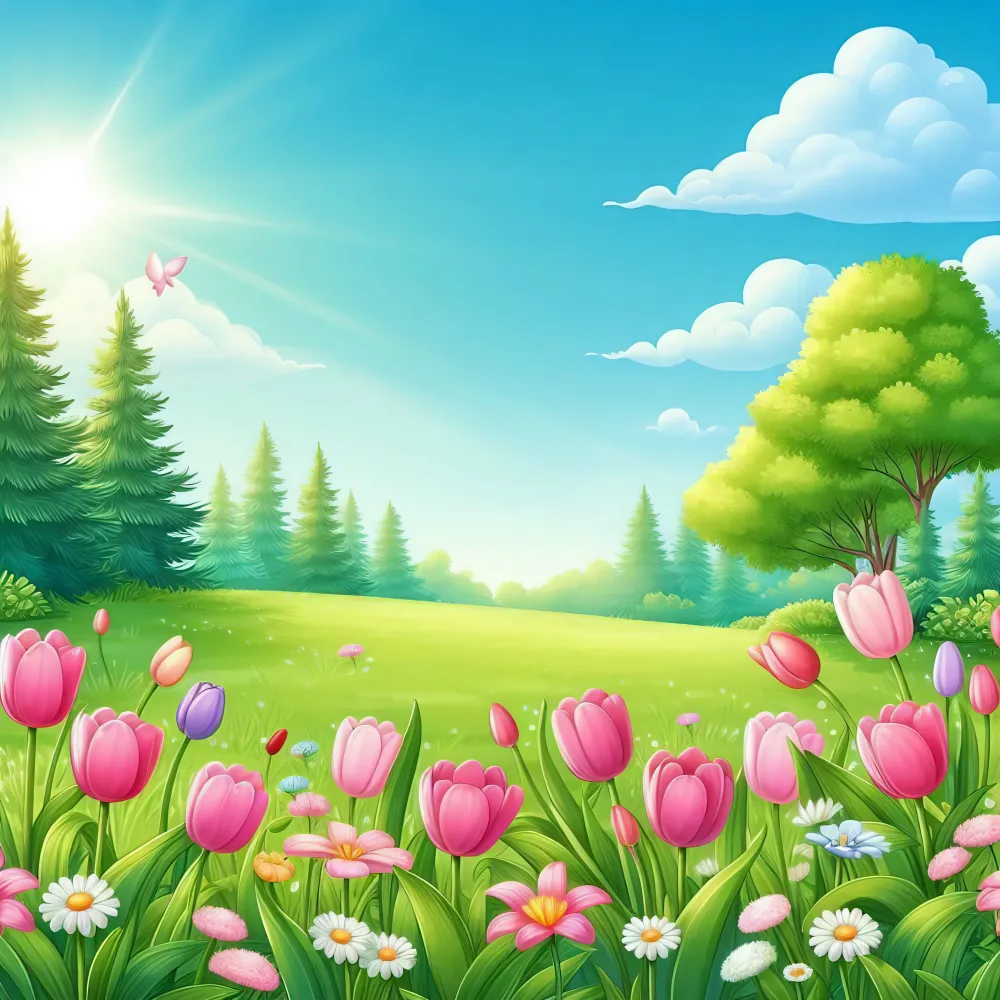 Sunny Spring Landscape with Colorful Tulip Garden and Trees
