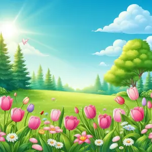 Sunny Spring Landscape with Colorful Tulip Garden and Trees