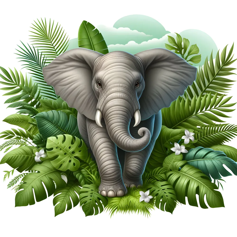 Elephant Emerging from Tropical Jungle with Lush Greenery
