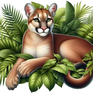 Mountain Lion Resting Among Lush Green Jungle Leaves