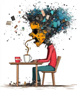 Surreal illustration of a person with an exploding head vomiting coffee