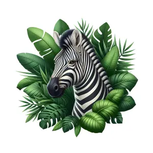 Zebra Portrait Surrounded by Tropical Green Leaves