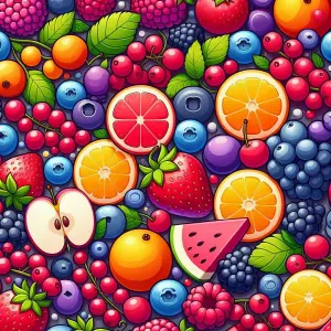 Colorful Assorted Fruit Pattern with Citrus, Berries, and Watermelon