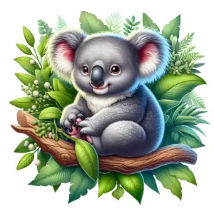 Cute Koala Sitting on Branch Surrounded by Green Leaves