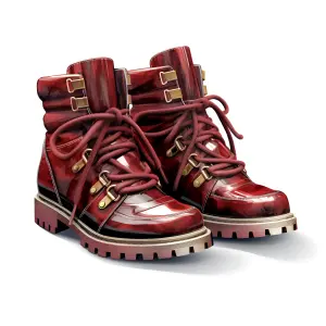 Pair of Glossy Red Hiking Boots with Thick Soles