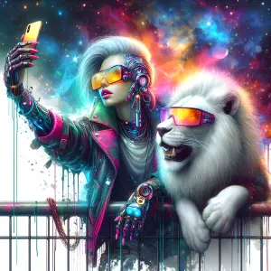 Cyberpunk Woman and Lion with Futuristic Sunglasses Taking a Selfie