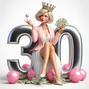 Stylish Woman Celebrating 30th Birthday with Crown and Money