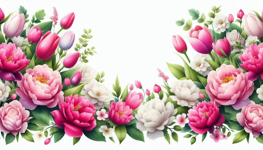 Bright Pink and White Peonies and Tulips Floral Border