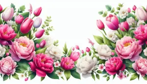 Bright Pink and White Peonies and Tulips Floral Border