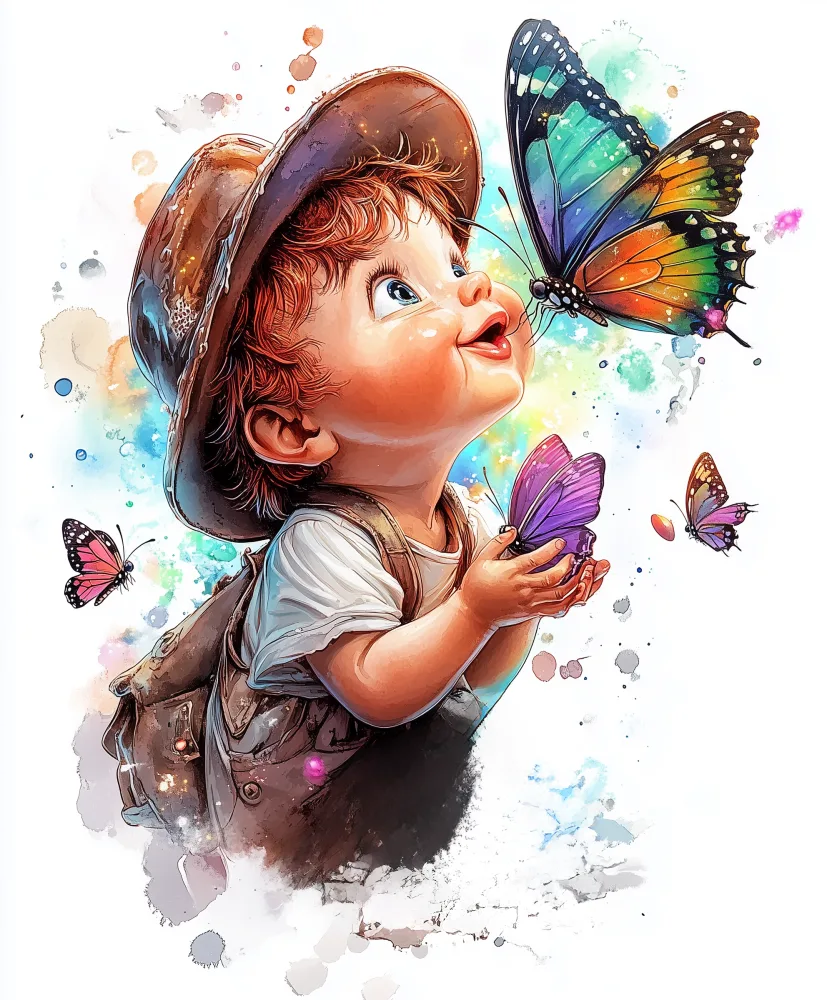 Illustration of a Child with Colorful Butterflies