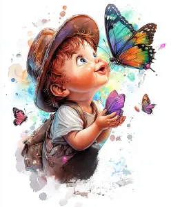 Illustration of a Child with Colorful Butterflies