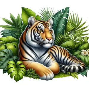 Majestic Tiger Resting Among Lush Tropical Leaves