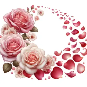 Pink and White Roses with Flowing Petals on White Background