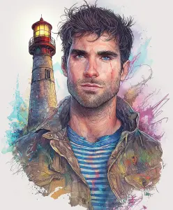 Portrait of a man with blue eyes and lighthouse background watercolor illustration
