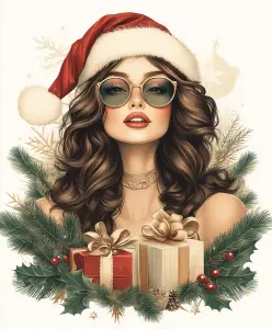 Stylish Young Woman in Santa Hat with Christmas Gifts and Pine Foliage