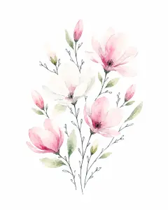 Delicate Pink and White Magnolia Flowers Watercolor Illustration