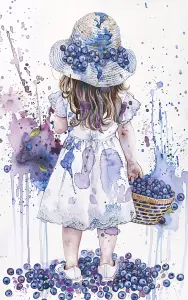 Watercolor Illustration of Girl with Blueberry Hat and Basket
