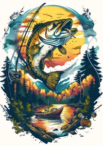 Colorful Fishing Scene with Leaping Fish and Boat at Sunset