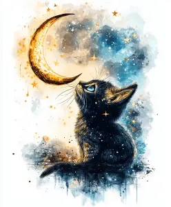 Artistic Illustration of a Black Kitten Gazing at a Golden Crescent Moon