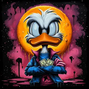 Street Art Style Cartoon Duck with Dollar Bills and Moon Background