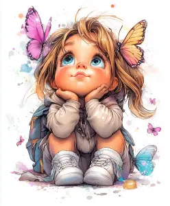 Whimsical Illustration of a Dreamy Little Girl with Butterflies