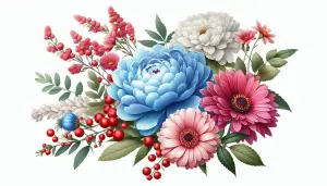 Colorful Bouquet of Mixed Flowers with Blue Peony and Red Berries