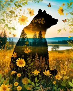 Double Exposure of Bear Silhouette with Yellow Flowers and Forest Landscape