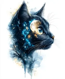 Cosmic Cat Illustration with Night Sky and Moon