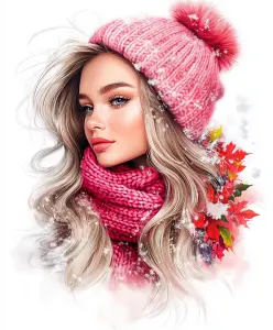 Winter Portrait of Woman in Pink Knit Hat and Scarf with Autumn Leaves