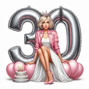 Elegant Woman Celebrating 30th Birthday with Silver Balloon Numbers