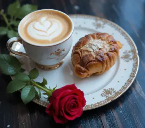Latte with Sweet Pastry and Red Rose on Decorative Plate