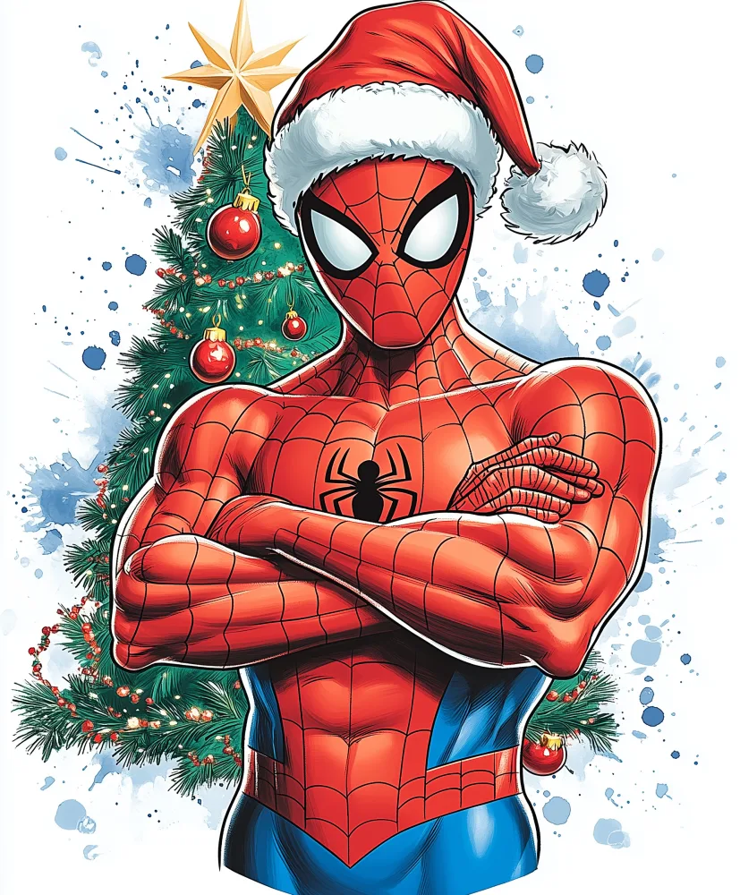Spiderman Wearing Santa Hat with Christmas Tree Background