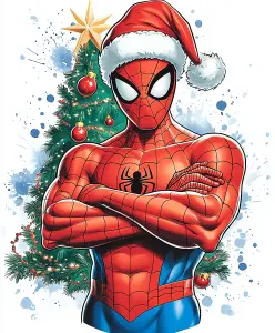 Spiderman Wearing Santa Hat with Christmas Tree Background