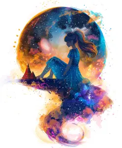 Surreal Illustration of a Girl Sitting on a Cosmic Crescent Moon