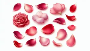 Red and Pink Rose Petals and Flower Heads on White Background