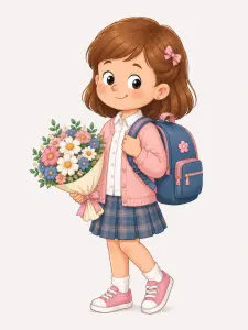 Cute Little Girl with Backpack and Bouquet of Flowers