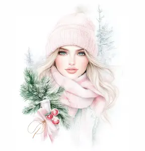 Winter Portrait of Woman in Pink Knit Hat and Scarf with Pine Branch