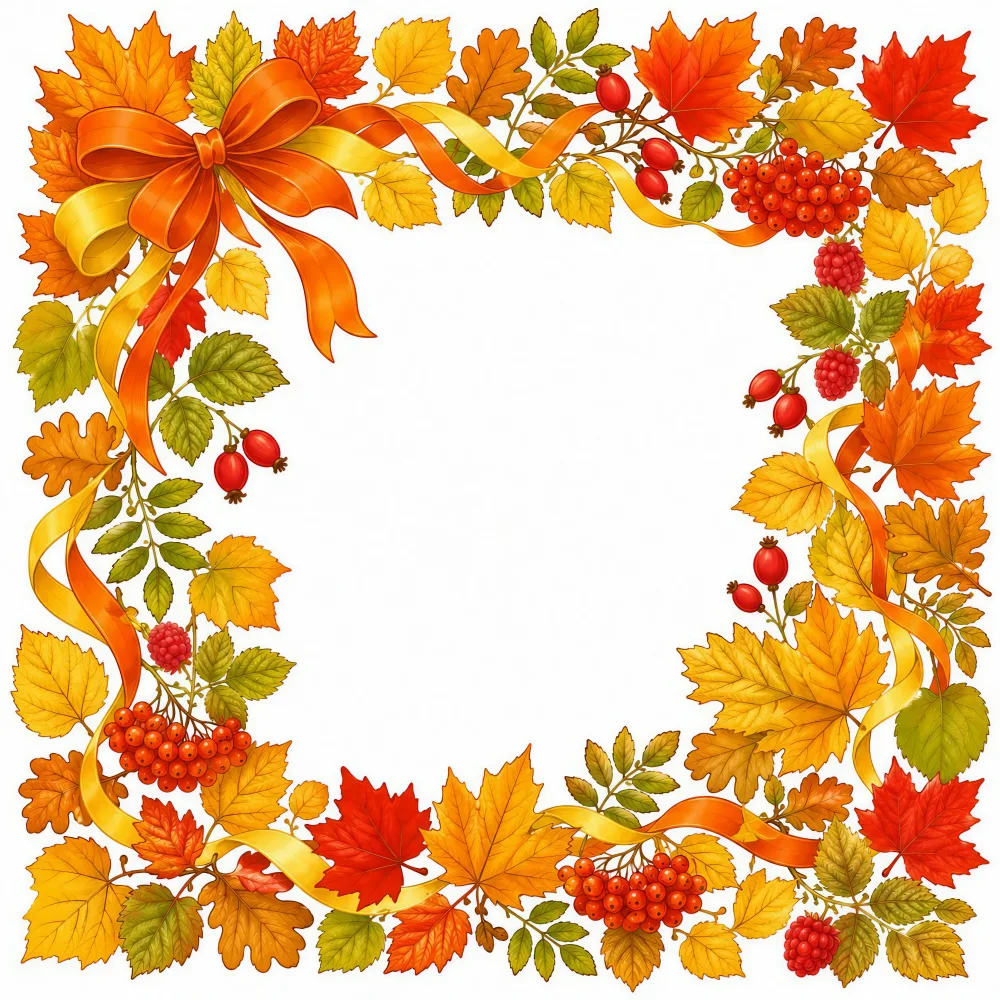 Decorative Autumn Leaves and Berries Frame with Orange Ribbon Bow