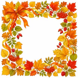 Decorative Autumn Leaves and Berries Frame with Orange Ribbon Bow