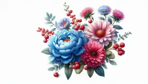 Bouquet of Blue, Pink, and Red Flowers with Green Leaves on White Background