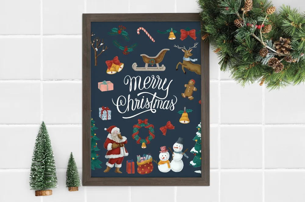 Merry Christmas Holiday Frame with Festive Icons