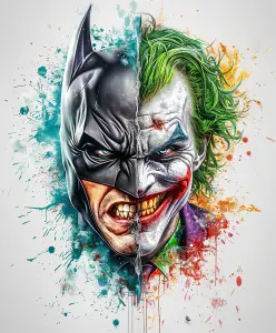 Split Face Portrayal of Batman and Joker with Paint Splatter Effect
