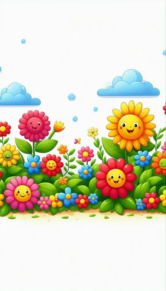 Colorful Cartoon Flowers with Smiling Faces Under Blue Clouds