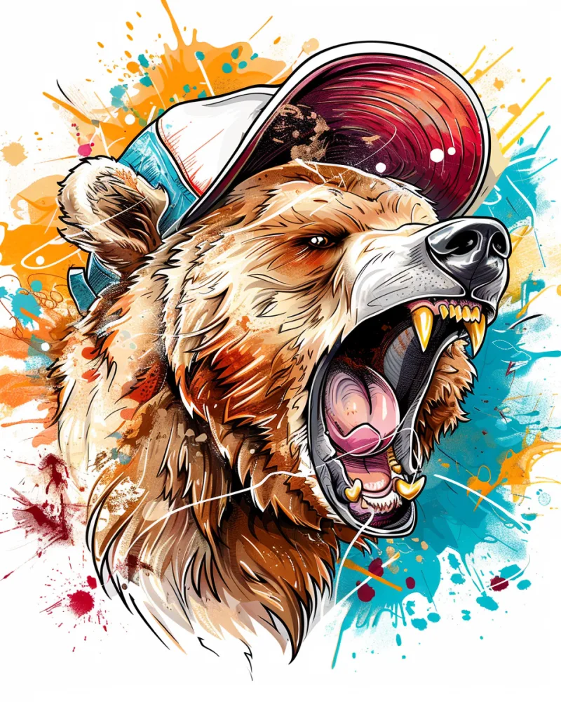 Colorful Digital Illustration of Roaring Bear Wearing Baseball Cap