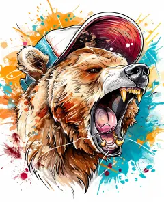 Colorful Digital Illustration of Roaring Bear Wearing Baseball Cap