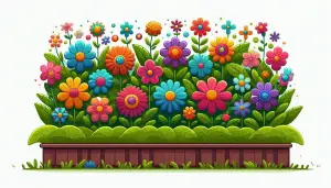 Colorful Cartoon Flower Garden in Wooden Planter