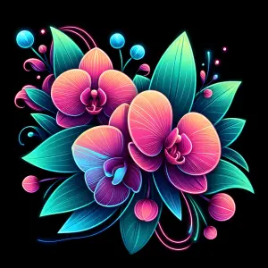 Neon Orchid Flowers and Leaves on Black Background