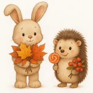 Cute Bunny and Hedgehog Holding Autumn Leaves and Berries